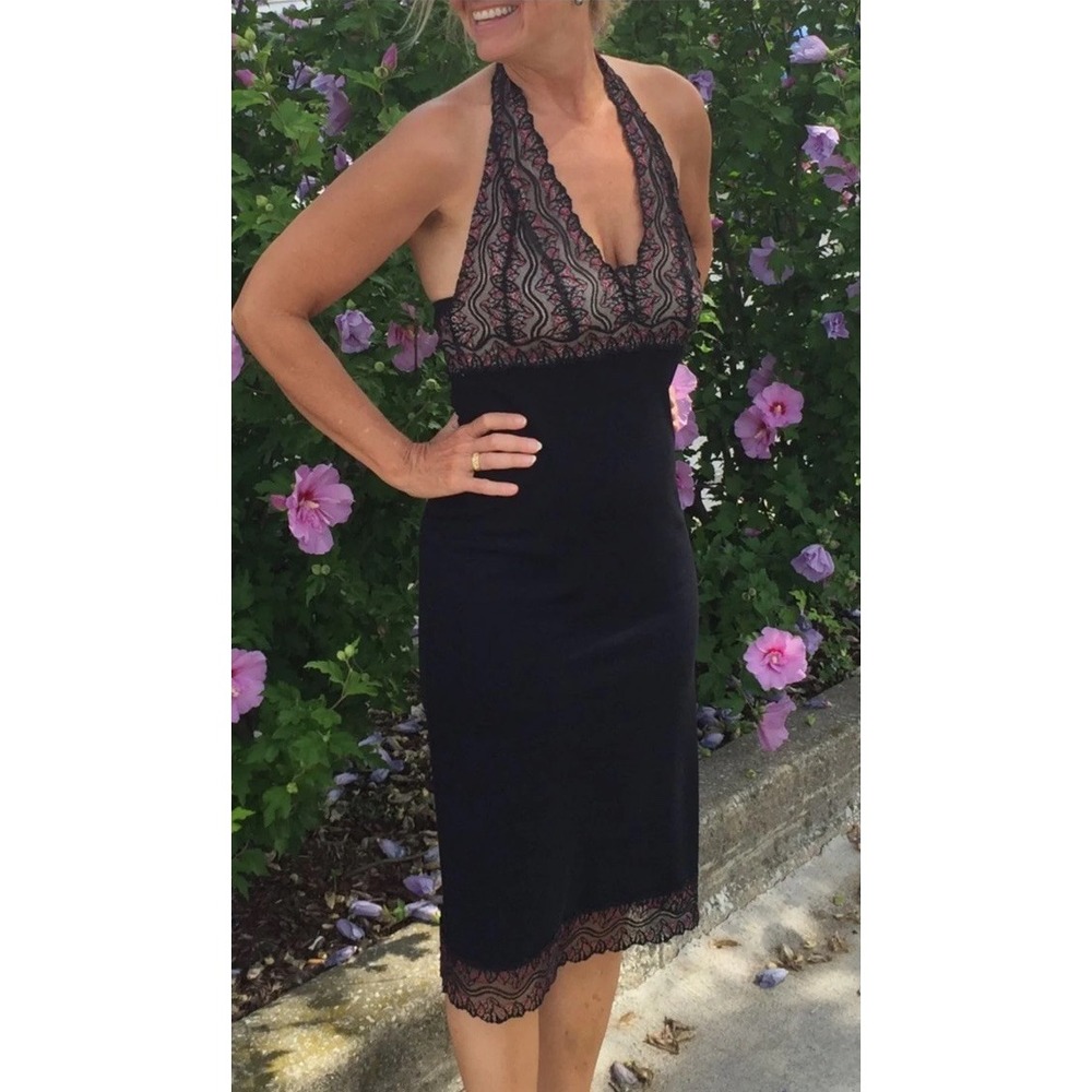 Nicole Miller Collection Halter Dress Women 12 Black Lace Mesh Bodice Plunge VTG
